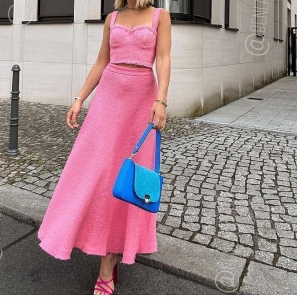 Zara texture Maxi skirt long swing pink size XXL Womens new - Picture 1 of 8